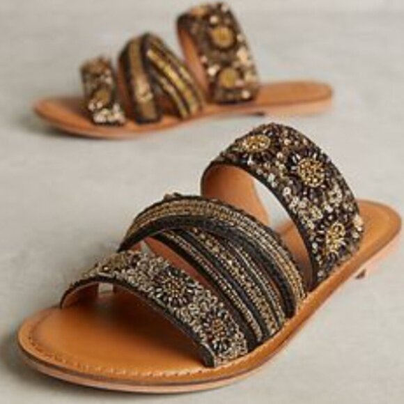 ANTHROPOLOGIE JASPER & JEERA La Plata Boho Beaded Slide Sandals - Size US 7.5 - Picture 1 of 14